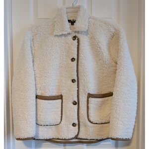 NWOT J.Crew Womens XS Cream Sherpa Fleece Button Front Jacket Tan Trim BEAUTIFUL